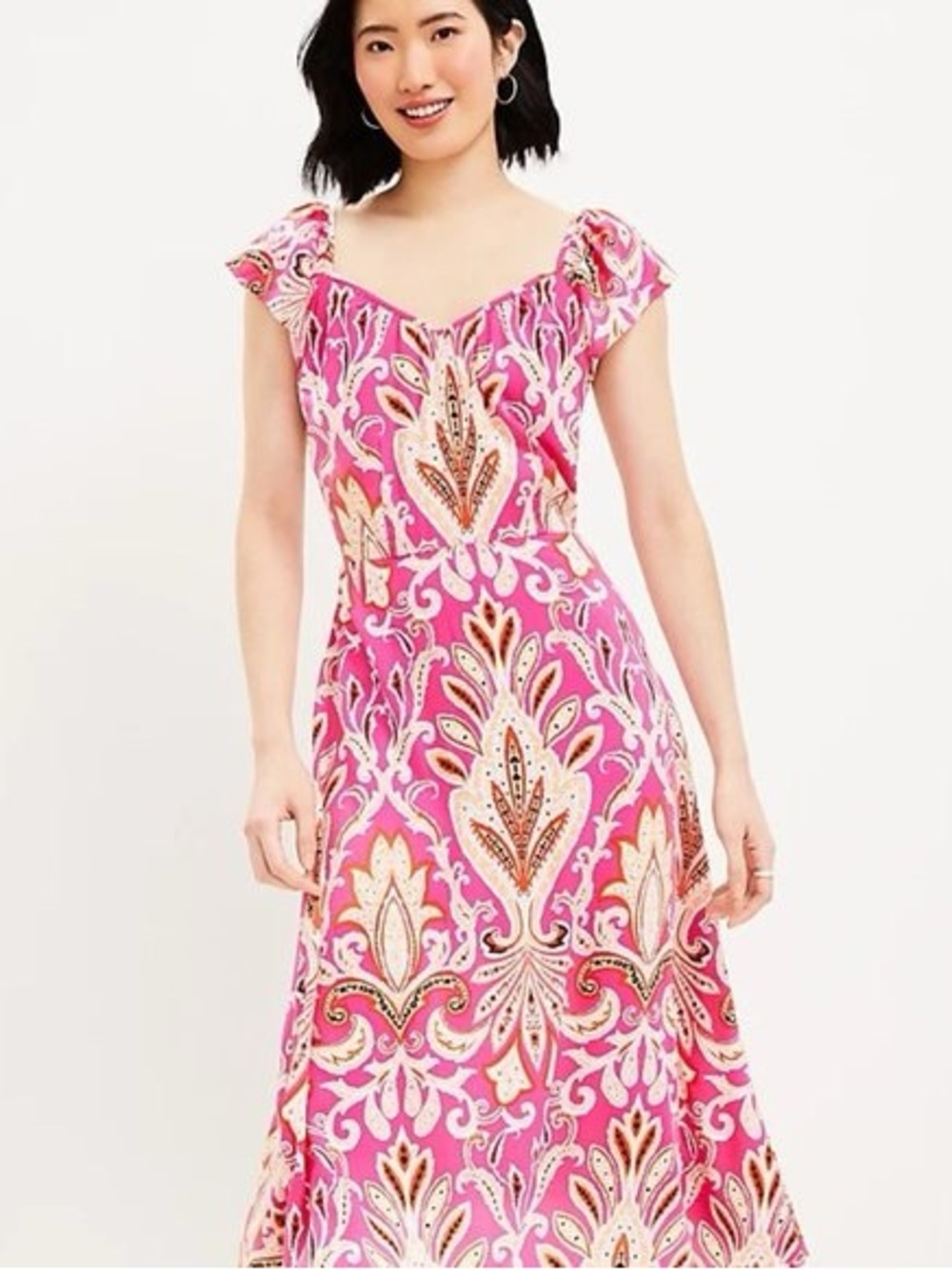 LOFT Paisley Flutter Sleeve V-Neck Midi Dress‎ pink orange size 10 petite